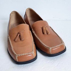 new EDDIE BAUER Square Heel Tassel Leather Tan Loafer Flat Shoes